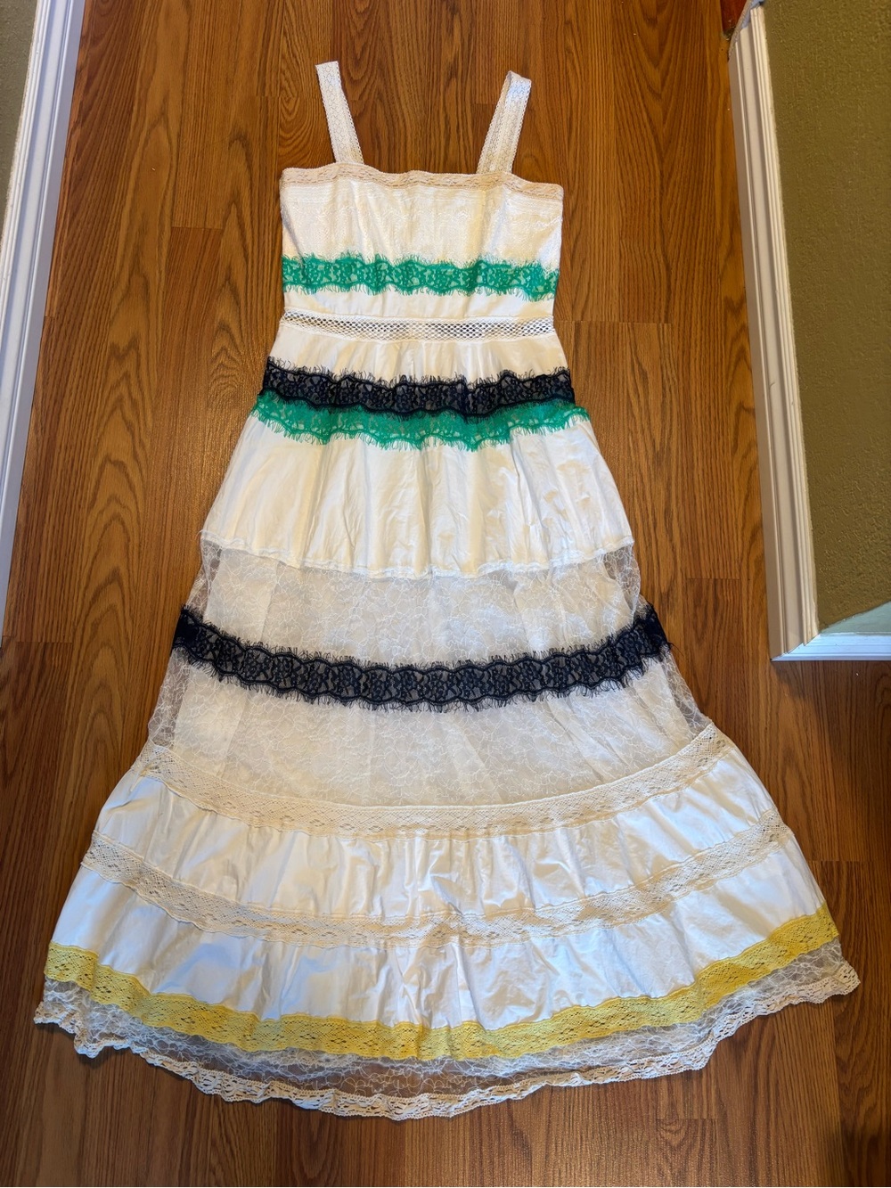 White Lace Tiered Dress with Green Blue Yellow Trim